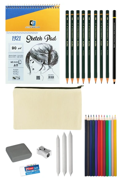 Alex Schoeller A5 Eskiz Defteri Canvas Bez Çantalı Eskiz Seti Kuruboya Dereceli Karakalem Çizim Seti ürün görseli