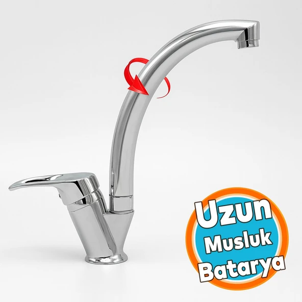 Uzun Batarya Krom Lavabo Banyo Mutfak Musluğu Musluk Mermer Tezgah Üstü Çift Su Giriş Evye Mix ürün görseli
