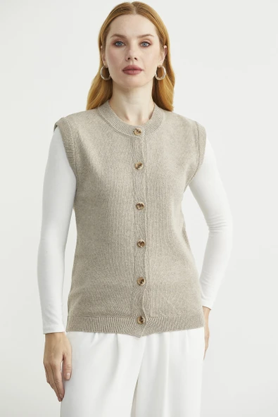 Düğme Kapamalı Yünlü Triko Yelek - Vizon - Resim 2