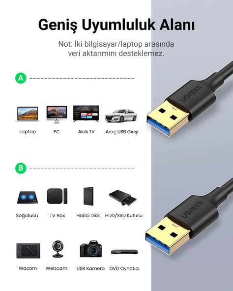 UGREEN USB-A 3.0 Data Kablosu 1 Metre, Siyah, 10370 - Resim 3