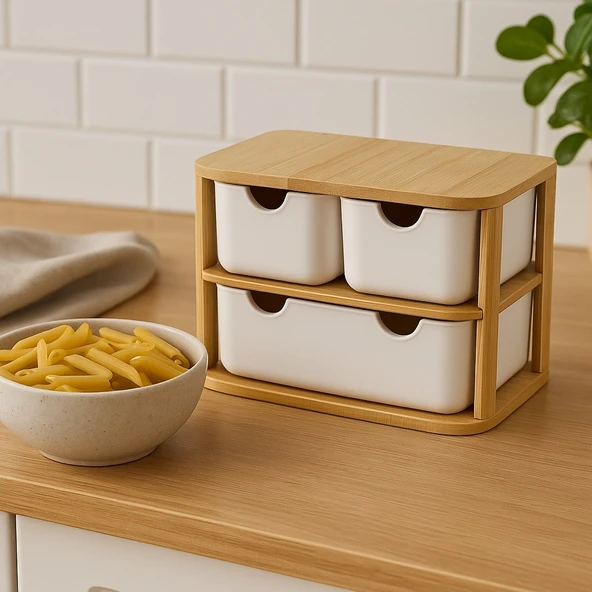 Doğal Bambu Çok Amaçlı  3 Gözlü Çekmeceli Organizer BR-6711 - Resim 3