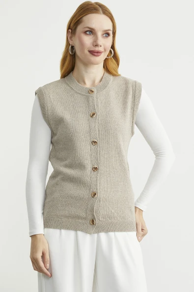Düğme Kapamalı Yünlü Triko Yelek - Vizon - Resim 4
