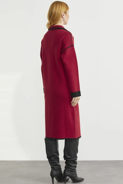 Şal Yaka Çıtçıtlı Uzun Triko Hırka - Kırmızı - Siyah - Resim 6