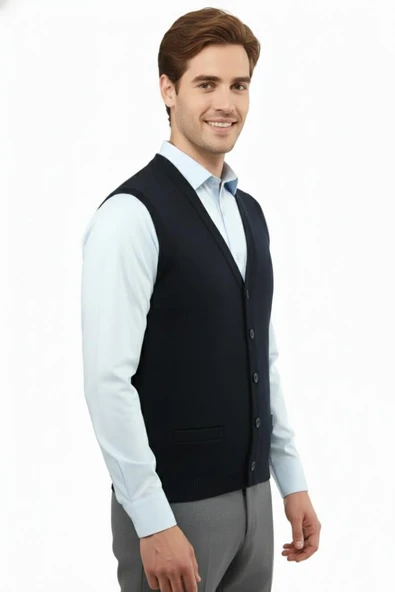 Erkek Düğmeli Yelek Cepli Çelik Örgü Klasik Kalıp 5200L BGL-ST04844 - Resim 7