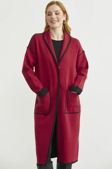 Şal Yaka Çıtçıtlı Uzun Triko Hırka - Kırmızı - Siyah - Resim 3