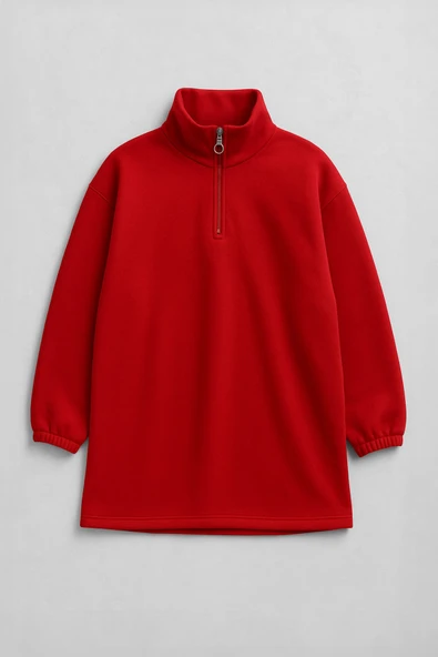 Kadın Yarım Fermuar İçi Polarlı Kırmızı Sweat Elbise - Resim 2