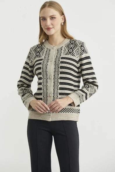 Metal Düğmeli Çizgili Yünlü Triko Hırka - Vizon ürün görseli