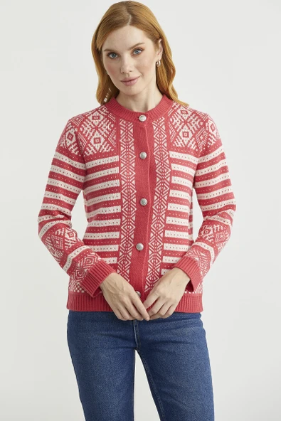 Metal Düğmeli Çizgili Yünlü Triko Hırka - Mercan - Resim 4