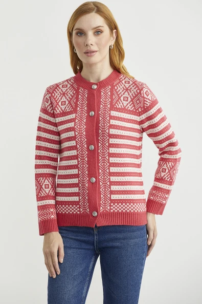 Metal Düğmeli Çizgili Yünlü Triko Hırka - Mercan - Resim 2