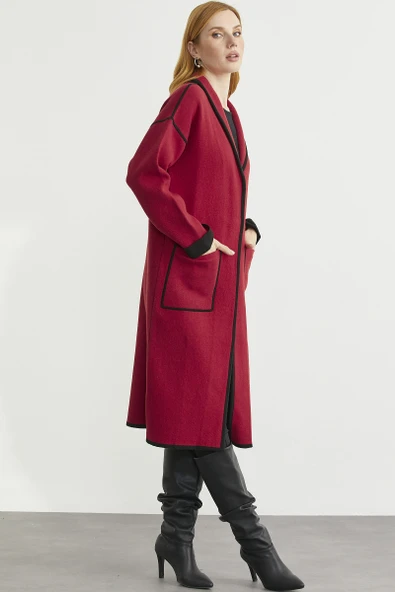 Şal Yaka Çıtçıtlı Uzun Triko Hırka - Kırmızı - Siyah - Resim 4