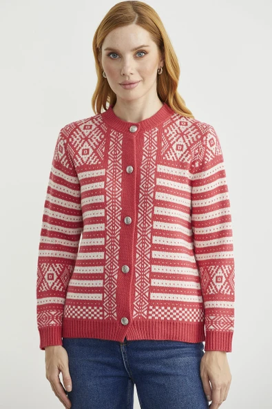 Metal Düğmeli Çizgili Yünlü Triko Hırka - Mercan ürün görseli