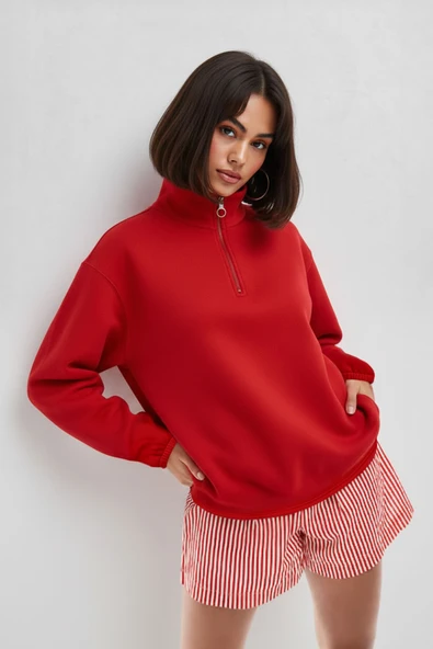 Kadın Yarım Fermuar İçi Polarlı Kırmızı Sweat Elbise ürün görseli
