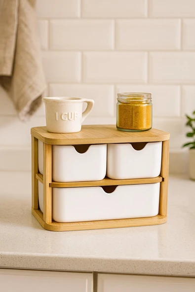 Doğal Bambu Çok Amaçlı  3 Gözlü Çekmeceli Organizer BR-6711 - Resim 2