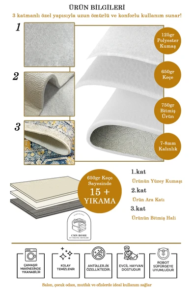 cmn home Dekoratif Özel Tasarım Yıkanabilir,İnce, Kaymaz Tabanlı, Modern Salon Halısı, Mutfak Halısı, Yolluk - 6