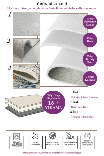 Aslan Home Dekoratif Yıkanabilir,İnce, Kaymaz Tabanlı Yolluk, Modern Salon Halısı, Mutfak Halısı, Yolluk - 6