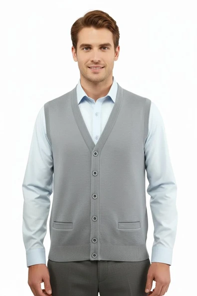 Erkek Düğmeli Yelek Cepli Çelik Örgü Klasik Kalıp 5200L BGL-ST04844 - Resim 5