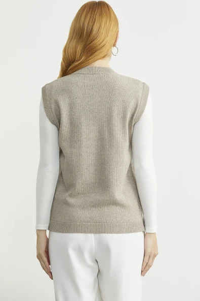 Düğme Kapamalı Yünlü Triko Yelek - Vizon - Resim 5