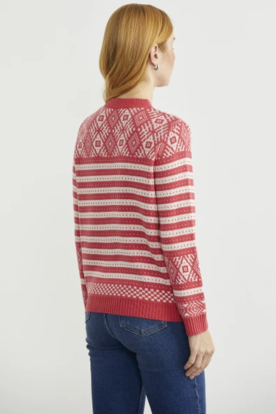 Metal Düğmeli Çizgili Yünlü Triko Hırka - Mercan - Resim 5