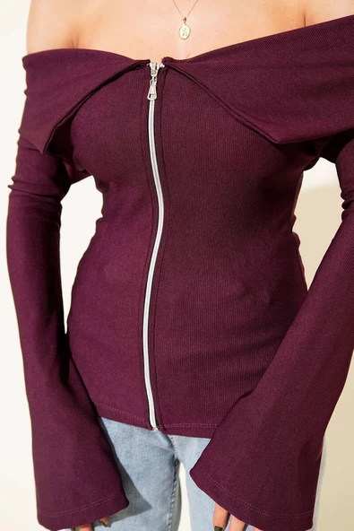 Omzu Açık Fermuarlı Bluz Mürdüm T4330 - 4