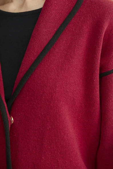 Şal Yaka Çıtçıtlı Uzun Triko Hırka - Kırmızı - Siyah - Resim 5