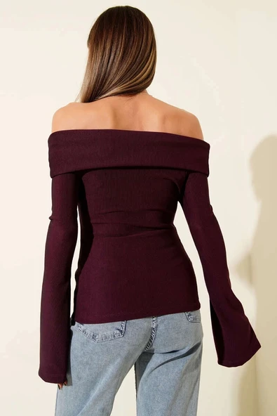 Omzu Açık Fermuarlı Bluz Mürdüm T4330 - 3