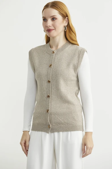 Düğme Kapamalı Yünlü Triko Yelek - Vizon - Resim 3