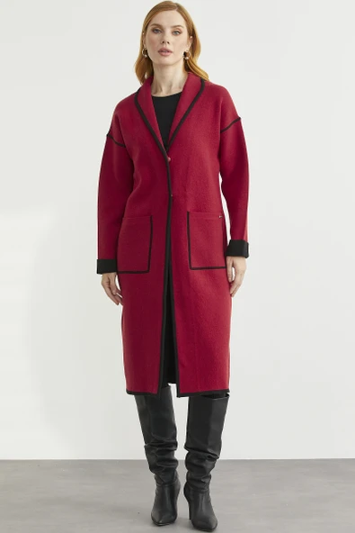 Şal Yaka Çıtçıtlı Uzun Triko Hırka - Kırmızı - Siyah - Resim 2