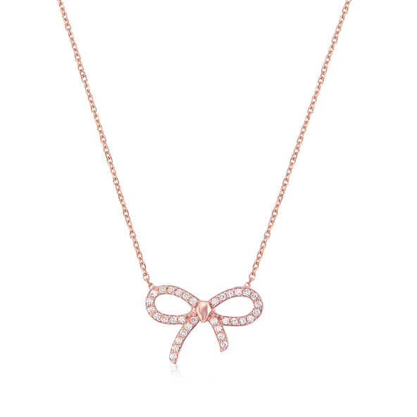 Zirkon Taşlı Pırlanta Montür Rose Altın Kaplama Papyon Gümüş Kolye