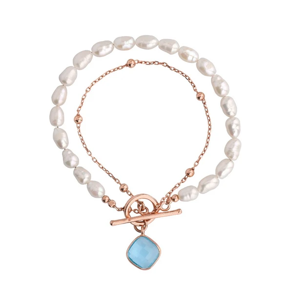 Turkuaz Taşlı Rose Altın Kaplama İncili Dolamalı Gümüş Bileklik