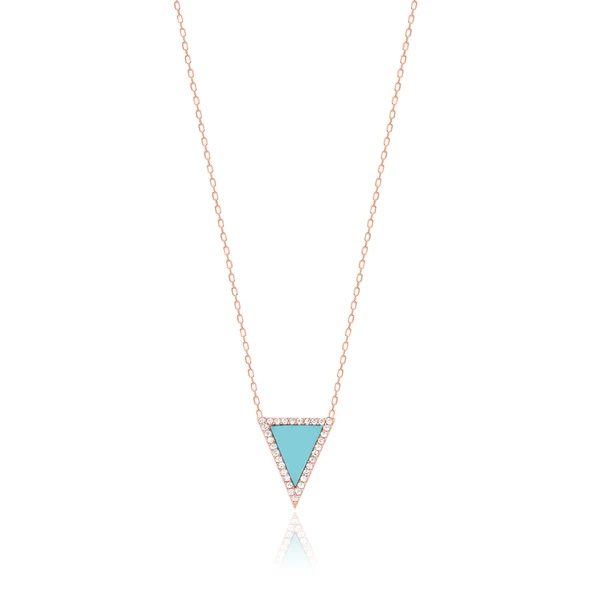 Zirkon Taşlı Pırlanta Montür Altın Kaplama Ortası Sedef Taşlı Üçgen Gümüş Kolye