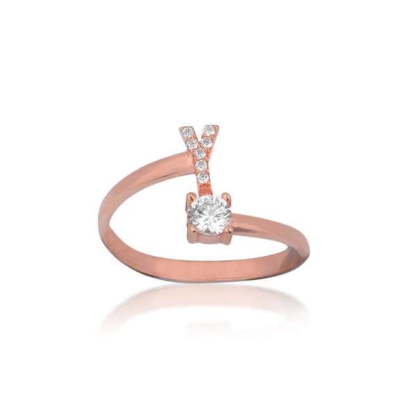 Zirkon Taşlı Pırlanta Montür Rose Altın Kaplama Y Harfli Gümüş Yüzük ürün görseli 1