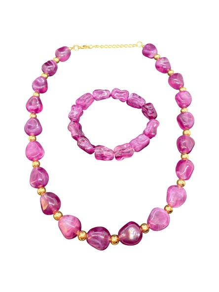 Mor ve Altın Renk Detaylı Şık Akrilik Damla Boncuk Bileklik ve Kolye Seti | Şık Ve Parlak Tasarım ürün görseli