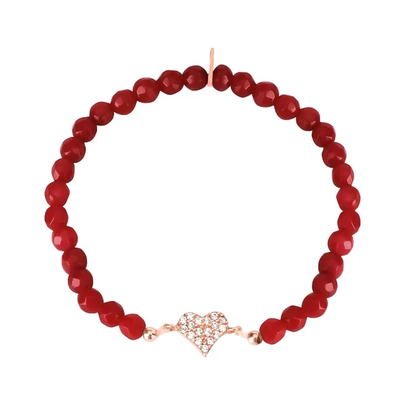 Zİrkon Taşlı Pırlanta Montür Rose Altın Kaplama Kırmızı Boncuklu Kalp Desenli Gümüş Strech Bileklik