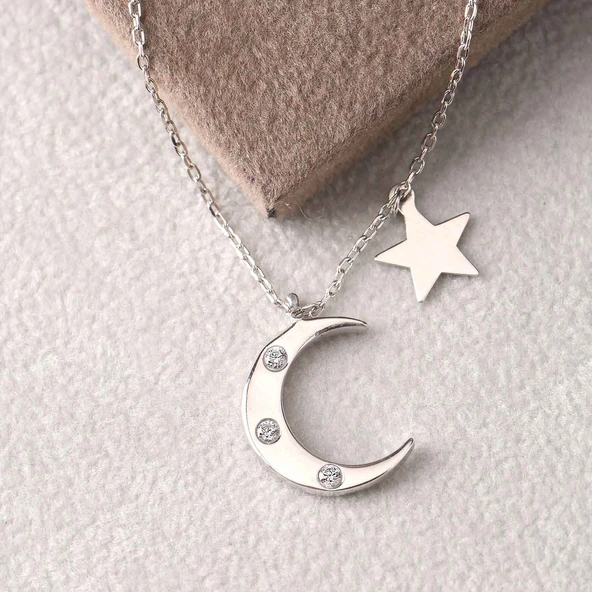 EMILIANO JEWELLERY SİLVER 925 AYAR ZİRKON TAŞLI AY YILDIZ KOLYE - Resim 5