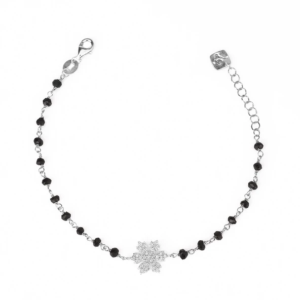 Zirkon Taşlı Pırlanta Montür Gümüş Rengi Altın Kaplama Siyah Rosary Papatya Gümüş Bileklik