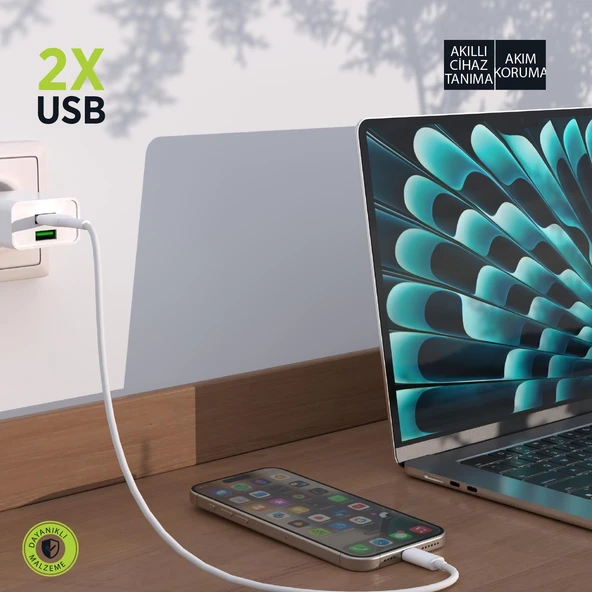 Polosmart PSM134 2A Çift USB Şarj Adaptörü Akıllı Tanıma Hızlı Şarj Başlığı 10W Beyaz - 3