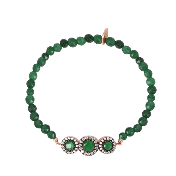Zirkon Taşlı Pırlanta Montür Rose Altın Kaplama Yeşil Boncuklu Yuvarlak Desenli Gümüş Strech Bileklik