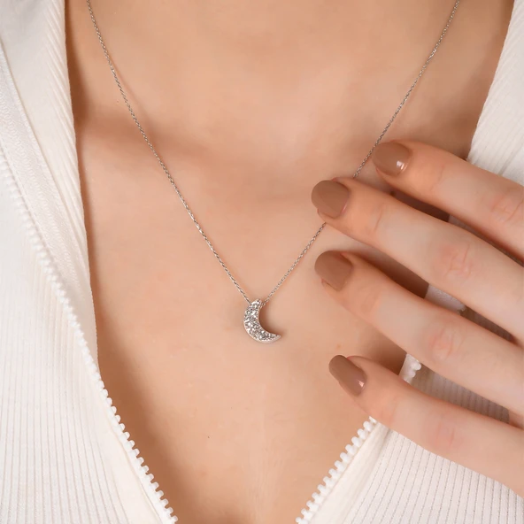 Taşsız Gümüş Altın Kaplama Ay Gümüş Kolye - Resim 3