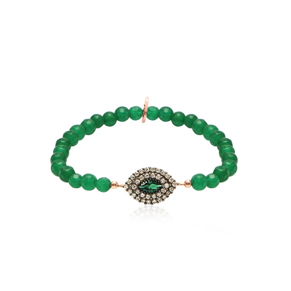 Zirkon Taşlı Pırlanta Montür Rose Altın Kaplama Yeşil Boncuklu Göz Desenli Gümüş Strech Bileklik