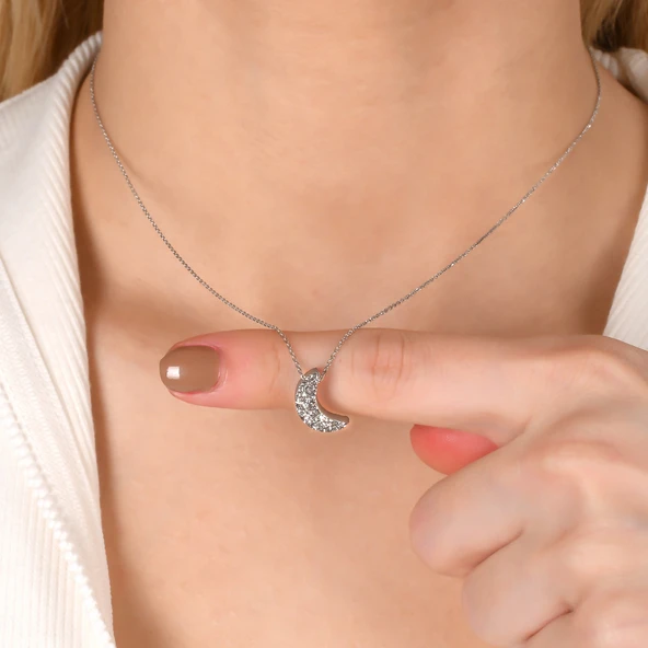 Taşsız Gümüş Altın Kaplama Ay Gümüş Kolye - Resim 4