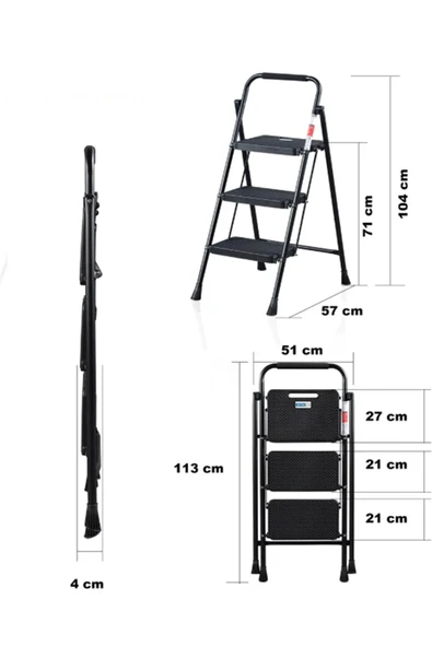 Perilla 51403 Stepla Geniş 3 Basamaklı Katlanır Merdiven Eurotower Siyah - 4
