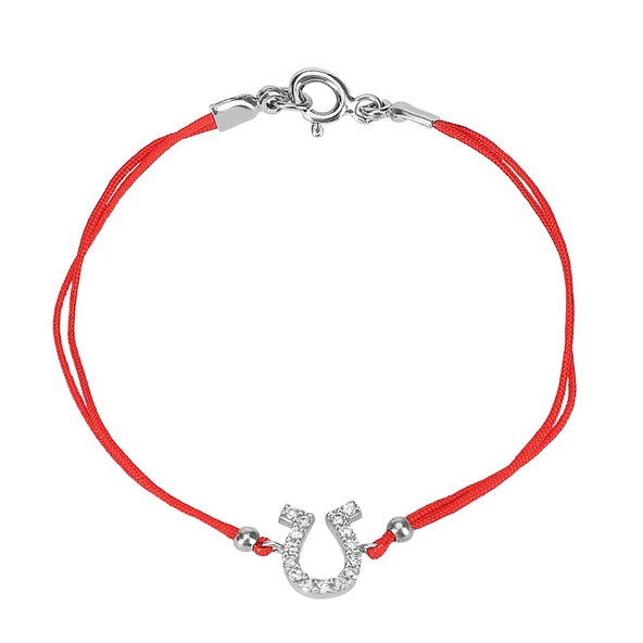 Zirkon Taşlı Pırlanta Montür Gümüş Rengi Kaplama Kırmızı İpli At Nalı Bileklik