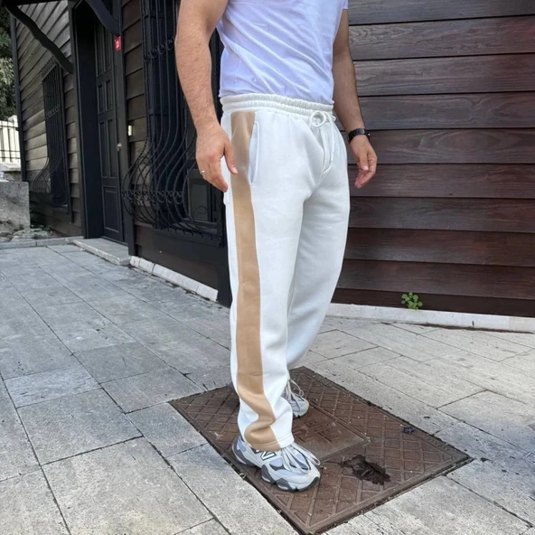 Erkek Üç İplik Kışlık Pamuklu Yandan Garneli Kalın Bej Şeritli Cepli Eşofman Altı - Beyaz - Resim 2