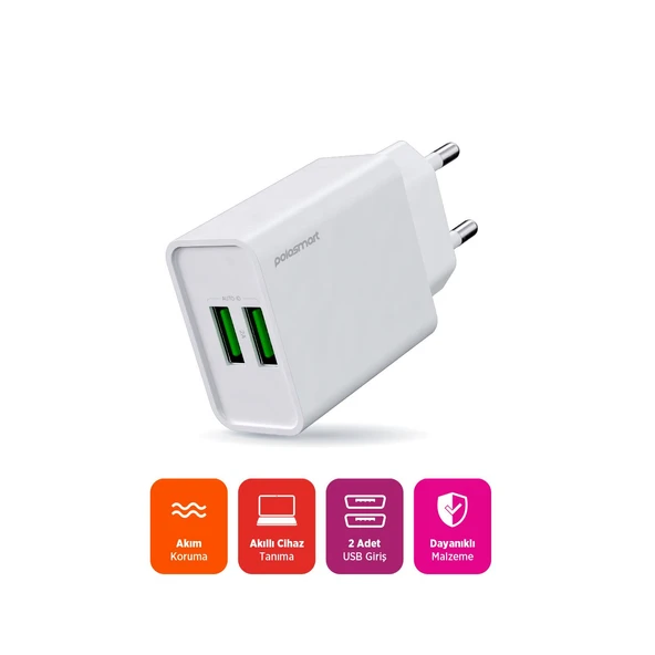 Polosmart PSM134 2A Çift USB Şarj Adaptörü Akıllı Tanıma Hızlı Şarj Başlığı 10W Beyaz - 2