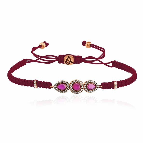Zirkon Taşlı Pırlanta Montür Rose Altın Kaplama Kırmızı İpli Yuvarlak Damla Taşlı Gümüş Makrome Bileklik