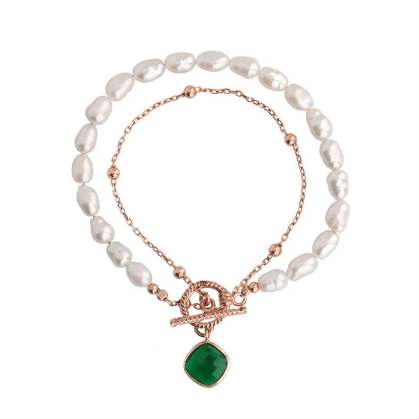 Yeşil Taşlı Rose Altın Kaplama İncili Dolamalı Gümüş Bileklik