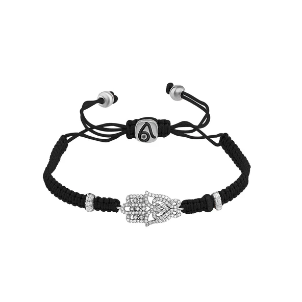 Zirkon Taşlı Pırlanta Montür Siyah Altın Kaplama Siyah İpli Fatma Ana Eli Gümüş Makrome Bileklik