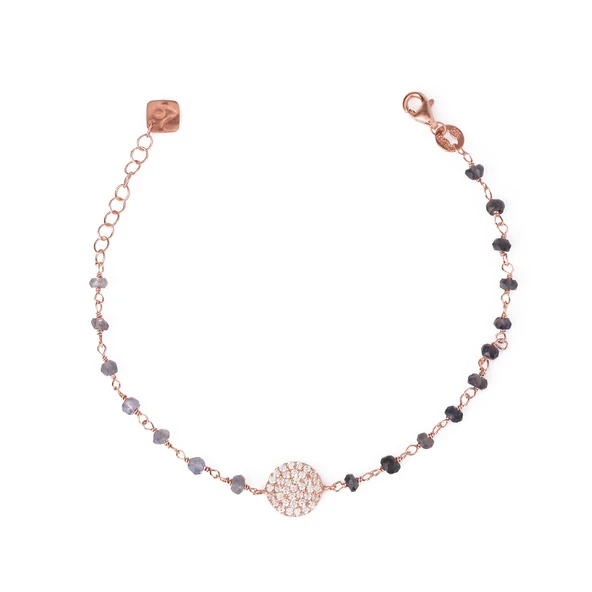 Zirkon Taşlı Pırlanta Montür Rose Altın Kaplama Iolite Rosary Yuvarlak Gümüş Bileklik