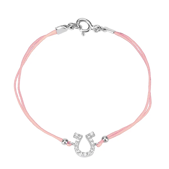 Zirkon Taşlı Pırlanta Montür Gümüş Rengi Kaplama Pembe İpli At Nalı Bileklik