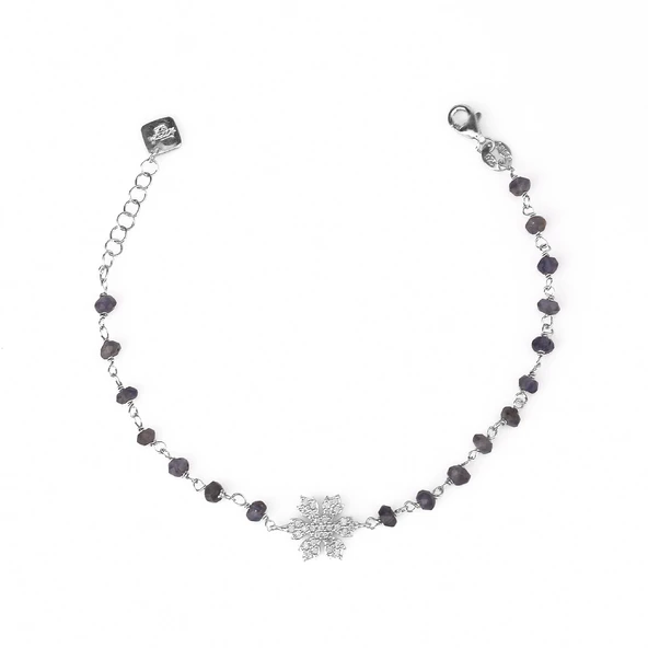 Zirkon Taşlı Pırlanta Montür Gümüş Rengi Altın Kaplama Iolite Rosary Papatya Gümüş Bileklik